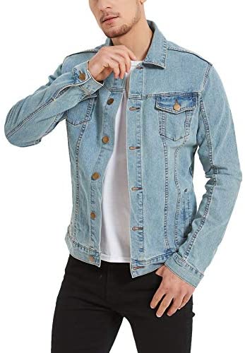Plaid&Plain Men’s Denim Trucker Jacket Men’s Slim Fit Jean Jacket Stretch