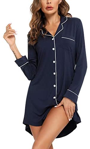 Pajama Nightgown for Women Short/Long Sleeve Button Down Nightwear Top Boyfriend Sleep Shirts Nightdress S-XXL