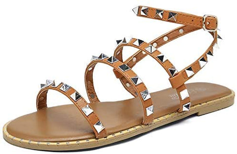 Katliu Women's Flat Sandals Strappy Studded Sandals Gladiator Sandals with Ankle Strap