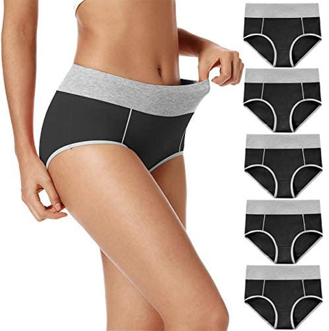 POKARLA Women's High Waisted Cotton Underwear Soft Breathable Panties Stretch Briefs Regular & Plus Size 5-Pack