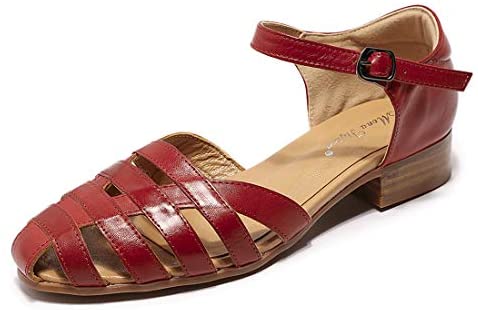 Mona flying Women Leather Tatianna Dress Sandals Closed Toe Low Heels Strappy Flats Summer Casual Shoes