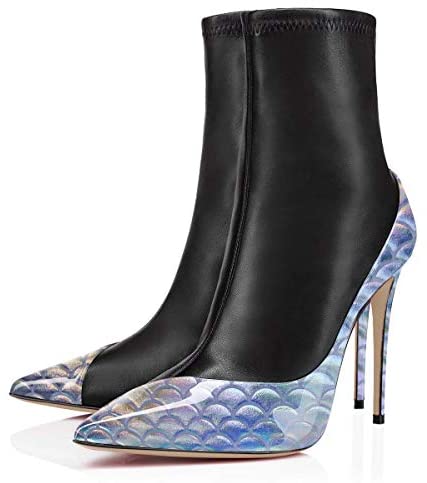 FSJ Women Fashion Two Toned Ankle Boots Pointed Closed Toe High Stiletto Heels Short Booties Patchwork Patent Matte Leather Side Zipper Ladies Party Prom Fall Winter Dress Shoes Size 4-15 US