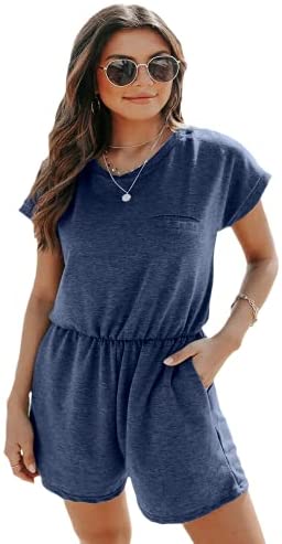 Dyexces Womens Crew Neck Rompers Summer Shorts Loose Tie Short Sleeve Stretch Waist Rompers with Pockets