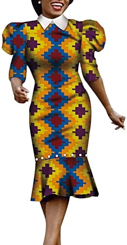 XIAOHUAGUA African Dashiki Print Dresses for Women Half Puff Sleeve Pearls Elegant Party Dress