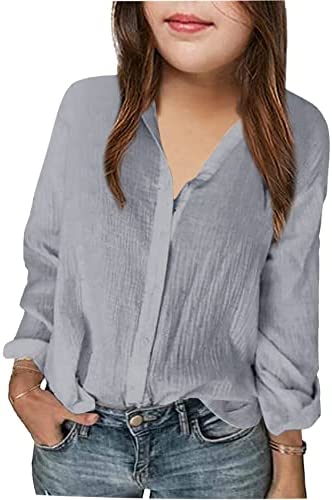 Girls Casual Long Sleeve Button Down Shirts Dress V Neck Tops Loose Soft Tunic Blouse