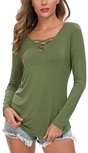 WNEEDU Women's Casual Long Sleeve T-Shirt Criss Cross V-Neck Basic Tees Tops