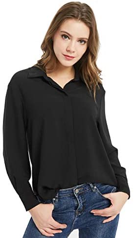 Women's Casual V Neck Crepe Blouses Long Sleeve Button Down Shirts Tops