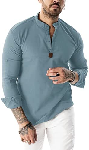 Men's Long Sleeve Cotton Henley Shirts Basic Casual Button Up Banded Collar Yoga Shirt Soft Beach Tops