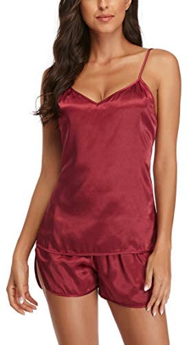 Womens Pajamas, Cool Satin Cami Shorts Set Lightweight Nightwear Silk Pajamas for Women