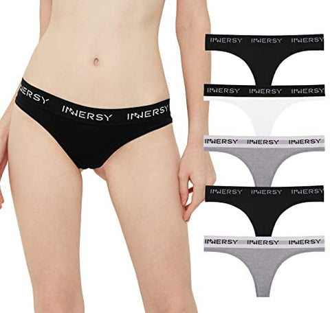 INNERSY Womens Thongs Underwear Cotton Sporty Thong Panties 5-Pack