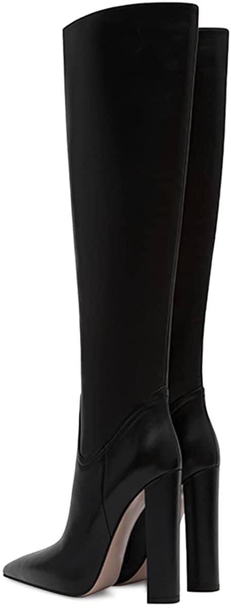 FSJ Women Sexy Knee High Chunky Heel Boots Matte Leather Closed Pointed Toe Side Zipper High Heeled Wide Calf Winter Fashion Dress Booties 4-15 M US