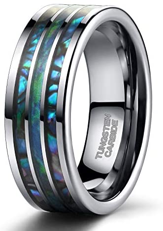 6mm 8mm Tungsten Ring Abalone Inlay Natural Silver Wedding Band for Men Women Comfort Fit Size 4-15