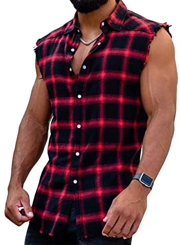 Yasiter Men's Raw Hem Sleeveless Shirts Cotton Full Button Down Nomal Lapel Collar Plaid Shirt Tank Tops