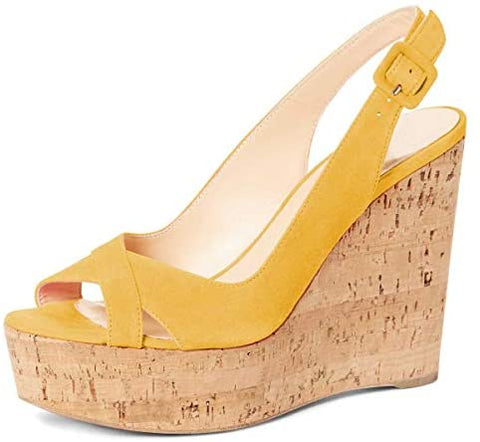 FSJ Women Summer Platform Wedge High Heeled Sandals Peep Toe Slingback Dress Faux Suede Pump Size 4-15 US