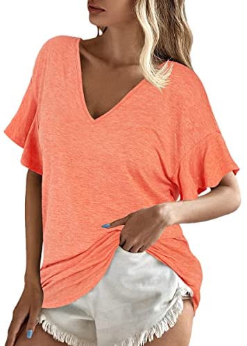 Womens Sexy V Neck Tops Fashion Ruffle Sleeve Casual T Shirts Short Sleeve Loose Basic Tee