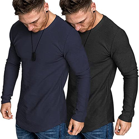 Men 2 Pack Muscle Fitted T Shirt Gym Workout Athletic Long Sleeves Tee