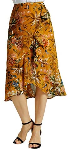 Womens A Line Floral Print Midi Skirt with Ruffle on The Front