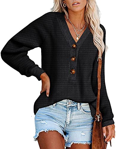 Womens Fall Casual Sweatshirts Button Down Henley Tunic Tops Long Sleeve Solid Activewear Pullover