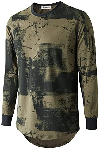 KLIEGOU Mens Hipster Hip Hop Ripped Round Hemline Pattern Print T Shirt
