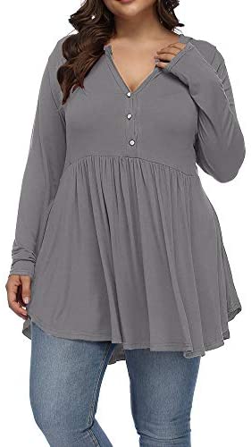 Women's Plus Size Henley V Neck Button Tunic Tops Long sleeve Swing Flowy Shirts