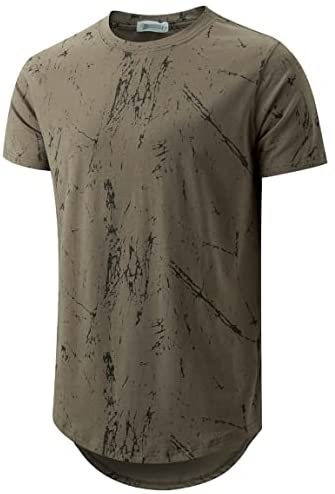 KLIEGOU Mens Hipster Hip Hop Ripped Round Hemline Pattern Print T Shirt