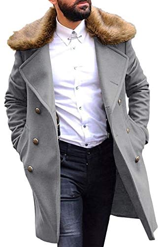 Mens Stylish Trench Coat Removable Faux Fur Collar Topscoat Double Breasted Winter Overcoat Warm Long Pea Coat