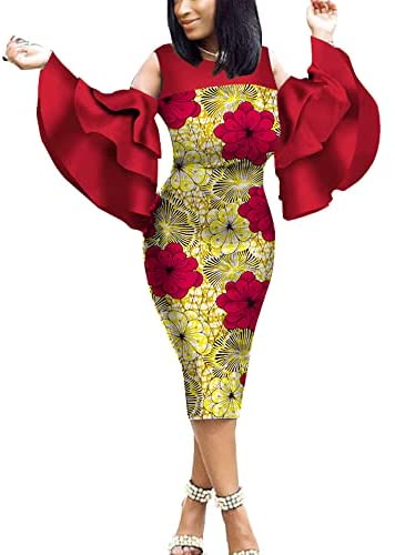 African Print Women Dress Long Flare Sleeves Knee-Length Pencil Ankara Party Dress Dashiki Traditional Costume