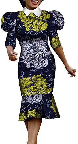 XIAOHUAGUA African Dashiki Print Dresses for Women Half Puff Sleeve Pearls Elegant Party Dress
