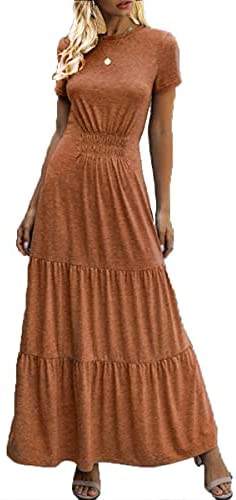 Dyexces Women’s Maxi Dress Summer Dresses Tunic Short Sleeve Crewneck Tiered Long Skirts