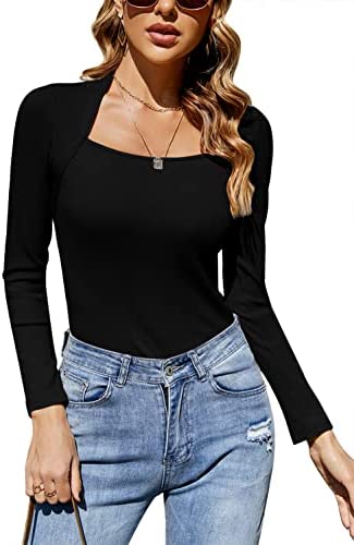 GAMISOTE Womens Slim Fit Long Sleeve Tops Scoop Neck Ribbed Knit Night Out Tunic Blouses