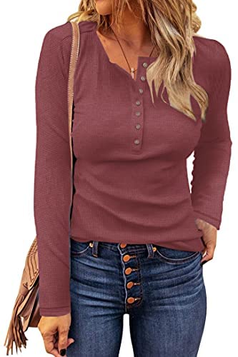 WNEEDU Women's Waffle Knit Tops Casual Long Sleeve Blouses Slim Fit Button Down V Neck Henley Shirts