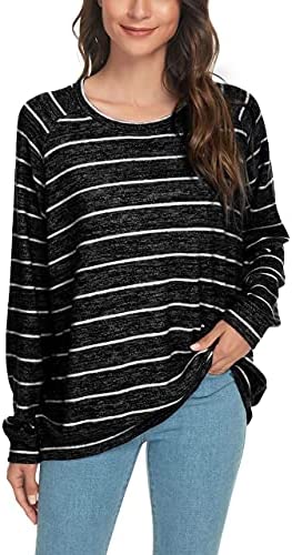 Women's Loose Casual Blouses Long Sleeve Knitted Striped Tunic Tops T-Shirts