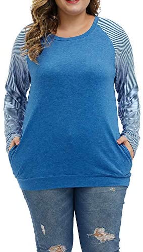 Plus Size Tops Women Casual Long Sleeve T Shirts Stripe Loose Blouses with Pocket