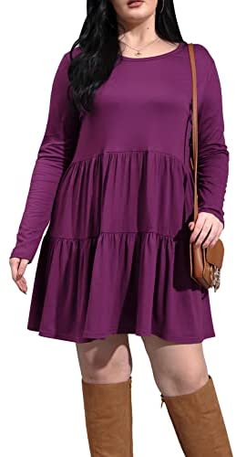 Plus Size Dress Long Sleeve Tiered Midi Dresses for Women Casual Fall Loose Party Knee Length Tshirt Dresses
