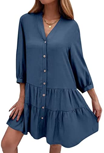 Dyexces Womens Long Sleeve Shift Dress V-Neck Button Up A-Line Midi Dress Summer Casual Loose Swing Tunic Dress
