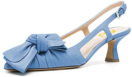 FSJ Women Pointed Toe X Bow Sandals Slip On Spool Middle Heel Pumps Slingback Cutout Party Prom Dress Shoes