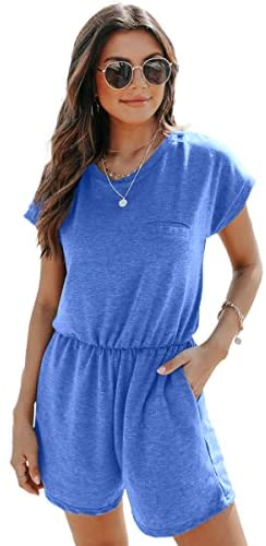 Dyexces Womens Jumpsuits Summer Loose Crew Neck Short Sleeve Elastic Waist Romper Playsuits with Pockets