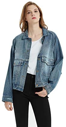 Womens Oversize Distressed Ripped Denim Washed Jacket with Applique Embroidery