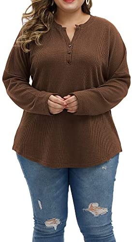 Women Plus Size Tops Lightweight Fall Long Sleeve Knit Sweatshirts Warm Cozy Casual Henley Shirts