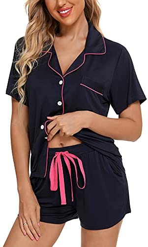 Womens Pajamas Set Short Sleeve Sleepwear Button Down Nightwear Shorts Soft Pj Sets S-XXL