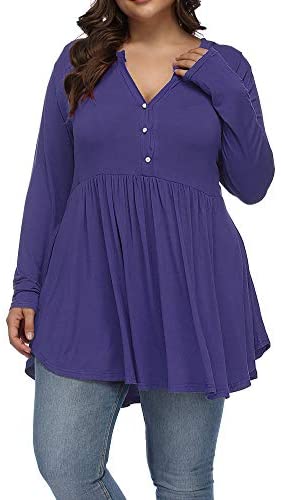 Women's Plus Size Henley V Neck Button Tunic Tops Long sleeve Swing Flowy Shirts