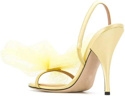 FSJ Women Fashion Large Floral Mesh Bow Open Toe Stylish Mid Heels Stiletto Pumps Elastic Slingback Sandals Slip on Shoes Wedding Dress Comfy Shoes Size 4-15 US