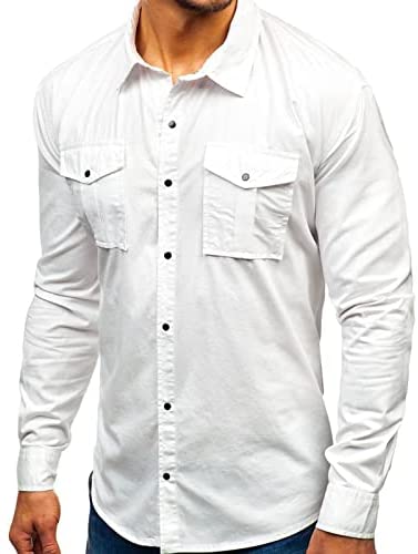 Mens Long Sleeve Snap Shirt - Casual Button Bown Tops Cargo Shirts Solid Work Western Dress Shirt