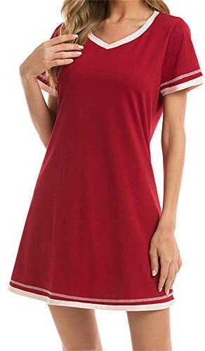 Aoysky Women's Long Nightgown Short Sleeve Nightwear V Neck Soft Sleep Dress Sleepwear