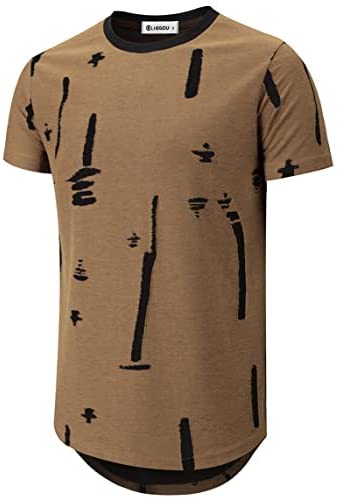 KLIEGOU Mens Hipster Hip Hop Ripped Round Hemline Hole T Shirt(1705)