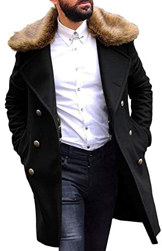 Mens Stylish Trench Coat Removable Faux Fur Collar Topscoat Double Breasted Winter Overcoat Warm Long Pea Coat