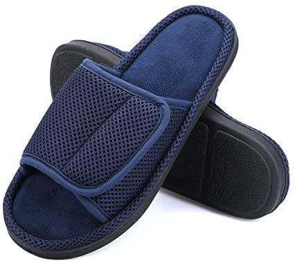mysoft Mens Summer Slippers Indoor Outdoor Adjustable Slide Open Toe Slippers with Memory Foam, Breathable and Comfortable