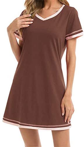 Aoysky Women's Long Nightgown Short Sleeve Nightwear V Neck Soft Sleep Dress Sleepwear