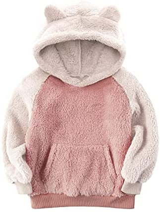 Baby Kids Girls Boys Fluffy Hoodies Sherpa Fleece Sweatshirts Winter Coats Cute Ear Pullovers with Kangaroo Pocket