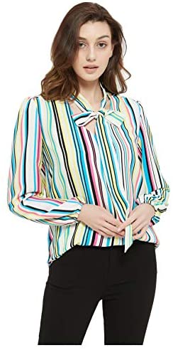 Womens V Neck with Straps Crepe Long Sleeves Blouse Stripe Shirt